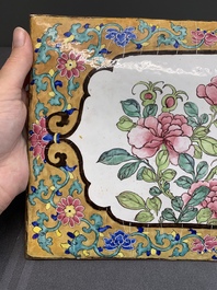 A large rectangular Chinese gold-yellow-ground Canton enamel plaque with fine floral design, Yongzheng