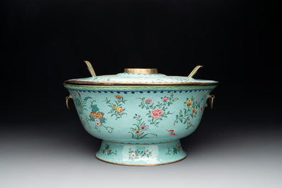 A large Chinese Canton enamel green-ground hot pot with floral design, 18th C.