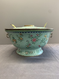 A large Chinese Canton enamel green-ground hot pot with floral design, 18th C.