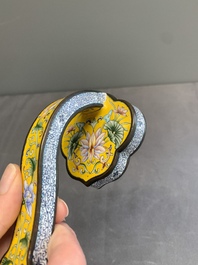 A Chinese Beijing enamel yellow-ground 'Bajixiang' ruyi sceptre, Qianlong mark, 19/20th C.