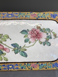 A large rectangular Chinese gold-yellow-ground Canton enamel plaque with fine floral design, Yongzheng