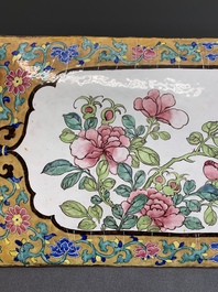 A large rectangular Chinese gold-yellow-ground Canton enamel plaque with fine floral design, Yongzheng