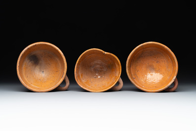 Nine pottery cooking vessels with partial glazing, Low Countries, 14/17th C.