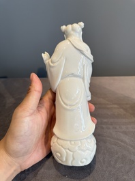 A pair of Chinese white-glazed figures and two Dehua blanc de Chine figures, Dehua 德化 and Xuande mark, 18th C. and later