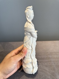 A pair of Chinese white-glazed figures and two Dehua blanc de Chine figures, Dehua 德化 and Xuande mark, 18th C. and later