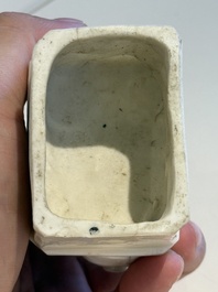 Two Chinese Dehua blanc de Chine figures of Guanyin and Shoulao and a pair of Buddhist lions, He Chaozong 何朝宗 mark, 18/19th C.