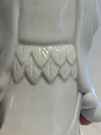 Two Chinese Dehua blanc de Chine figures of Guanyin and Shoulao and a pair of Buddhist lions, He Chaozong 何朝宗 mark, 18/19th C.