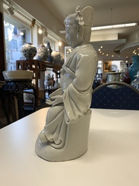 Two Chinese Dehua blanc de Chine Buddha and Wenchang figures, a seal paste covered box, a vase and an iron-red-glazed boy, Qianlong mark, 19/20th C.