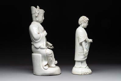 Two Chinese Dehua blanc de Chine Buddha and Wenchang figures, a seal paste covered box, a vase and an iron-red-glazed boy, Qianlong mark, 19/20th C.