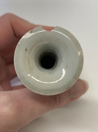 Two Chinese Dehua blanc de Chine Buddha and Wenchang figures, a seal paste covered box, a vase and an iron-red-glazed boy, Qianlong mark, 19/20th C.