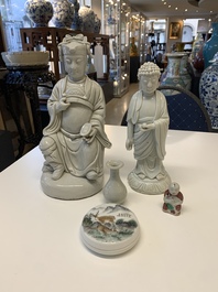 Two Chinese Dehua blanc de Chine Buddha and Wenchang figures, a seal paste covered box, a vase and an iron-red-glazed boy, Qianlong mark, 19/20th C.