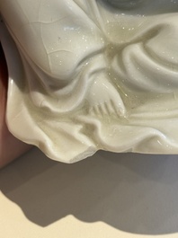 Two Chinese Dehua blanc de Chine figures of Guanyin and Shoulao and a pair of Buddhist lions, He Chaozong 何朝宗 mark, 18/19th C.