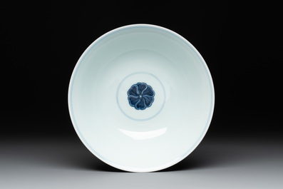 A Chinese blue and white 'flower scroll' bowl, Qianlong mark, 20th C.