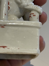 Two Chinese Dehua blanc de Chine figures of Guanyin and Shoulao and a pair of Buddhist lions, He Chaozong 何朝宗 mark, 18/19th C.