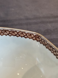 A Chinese famille rose octagonal eggshell bowl with figural design, Qianlong mark, 20th C.