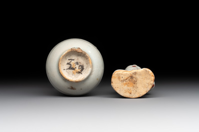 Two Chinese Dehua blanc de Chine Buddha and Wenchang figures, a seal paste covered box, a vase and an iron-red-glazed boy, Qianlong mark, 19/20th C.