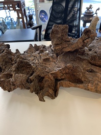 A Chinese carved wooden group and a natural root sculpture, 20th C.