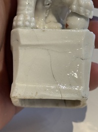 Two Chinese Dehua blanc de Chine figures of Guanyin and Shoulao and a pair of Buddhist lions, He Chaozong 何朝宗 mark, 18/19th C.