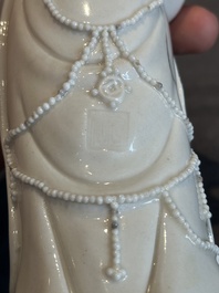 A pair of Chinese white-glazed figures and two Dehua blanc de Chine figures, Dehua 德化 and Xuande mark, 18th C. and later