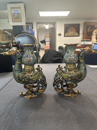 A pair of Chinese cloisonn&eacute; duck-form vases, 19/20th C.