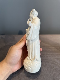 A pair of Chinese white-glazed figures and two Dehua blanc de Chine figures, Dehua 德化 and Xuande mark, 18th C. and later