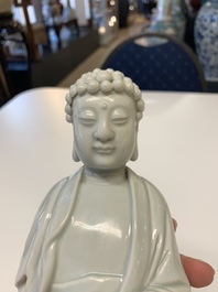 Two Chinese Dehua blanc de Chine Buddha and Wenchang figures, a seal paste covered box, a vase and an iron-red-glazed boy, Qianlong mark, 19/20th C.