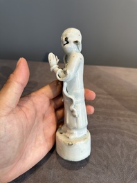 A pair of Chinese white-glazed figures and two Dehua blanc de Chine figures, Dehua 德化 and Xuande mark, 18th C. and later