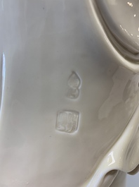 A Chinese Dehua blanc de Chine monk and a Guanyin, He Chaozong 何朝宗 and Dehua 德化 marks, 20th C.