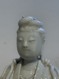 Two Chinese Dehua blanc de Chine figures of Guanyin and Shoulao and a pair of Buddhist lions, He Chaozong 何朝宗 mark, 18/19th C.