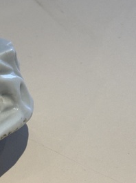 Two Chinese Dehua blanc de Chine figures of Guanyin and Shoulao and a pair of Buddhist lions, He Chaozong 何朝宗 mark, 18/19th C.