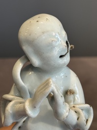 A pair of Chinese white-glazed figures and two Dehua blanc de Chine figures, Dehua 德化 and Xuande mark, 18th C. and later