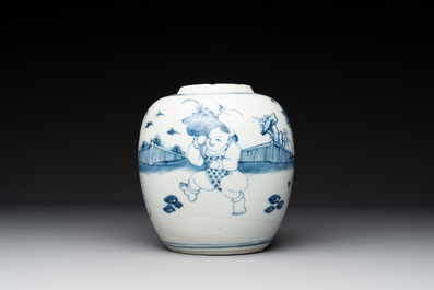 A Chinese blue and white 'playing boys' jar, 18th C.