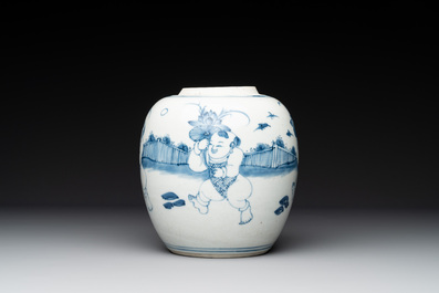 A Chinese blue and white 'playing boys' jar, 18th C.