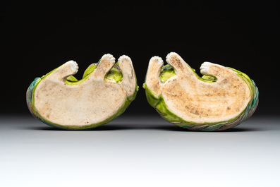 A pair of Chinese lime-green-glazed Buddhist lions and a pair of flamb&eacute;-glazed Shiwan Buddhist lions, 19/20th C.