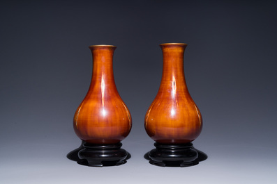 A pair of Chinese Fuzhou or Foochow lacquer 'bamboo' vases, 19/20th C.