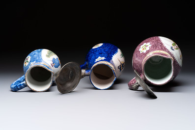 Three Brussels faience jugs, two with pewter mounts, 19/20th C.