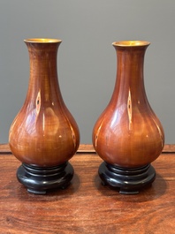 A pair of Chinese Fuzhou or Foochow lacquer 'bamboo' vases, 19/20th C.