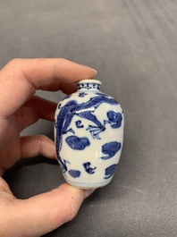 Two Chinese blue and white 'dragon' snuff bottles, Chenghua and Qianlong mark, 19th C.