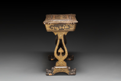 A Chinese Canton export gilt-lacquered sewing table with accessories, 19th C.