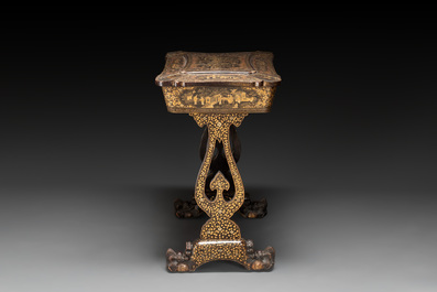 A Chinese Canton export gilt-lacquered sewing table with accessories, 19th C.