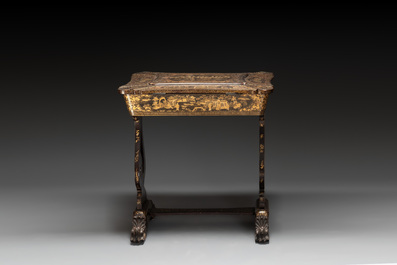 A Chinese Canton export gilt-lacquered sewing table with accessories, 19th C.