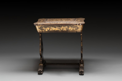 A Chinese Canton export gilt-lacquered sewing table with accessories, 19th C.