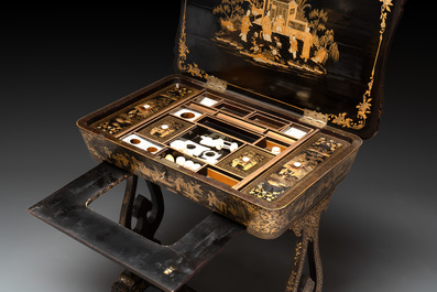 A Chinese Canton export gilt-lacquered sewing table with accessories, 19th C.
