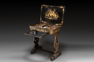 A Chinese Canton export gilt-lacquered sewing table with accessories, 19th C.