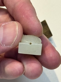 A rare and small Chinese white jade 'tortoise' seal with an original seal-form bronze box, Changsha Taishou 長沙太守 and Feng Gao 封告 mark, Song or ealier