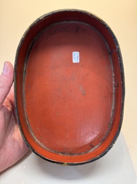 A fine and rare Chinese tortoiseshell-veneered and red-lacquered oval box and cover, signed Wang Wenzhi 王文治, Qianlong mark and of the period