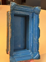 A Chinese lapis lazuli and cloisonn&eacute; elephant on stand, 19/20th C.