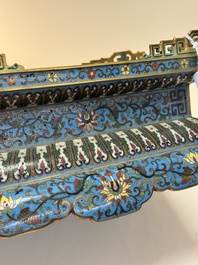 A Chinese lapis lazuli and cloisonn&eacute; elephant on stand, 19/20th C.