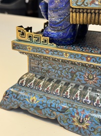 A Chinese lapis lazuli and cloisonn&eacute; elephant on stand, 19/20th C.