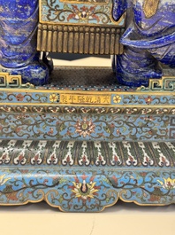 A Chinese lapis lazuli and cloisonn&eacute; elephant on stand, 19/20th C.